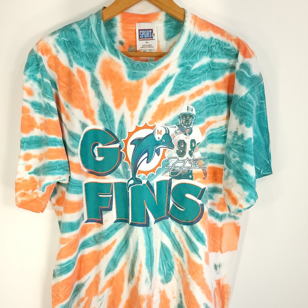 Vtg Miami Dolphins Graphic T-Shirt Men's XL Orange Aqua Tie Dye Sport Attack